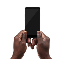 Male hand holding a smartphone isolated on white