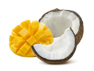 Coconut half mango cut isolated on white background