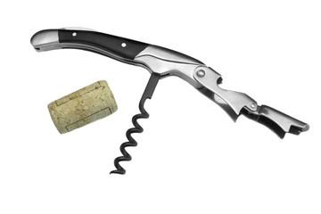 Waiter Or  Sommelier Knife And Wine Bottle Cork White Isolated