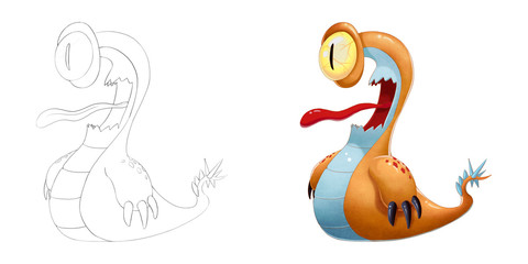 Creative Illustration and Innovative Art: Monster Creature Character Design Set 1: One-Eyed Snail iSolated on White Background. Realistic Fantastic Cartoon Style Character Design, Story, Card Design