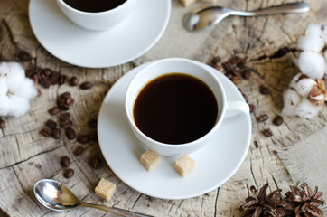pair cups coffee old wooden stump
