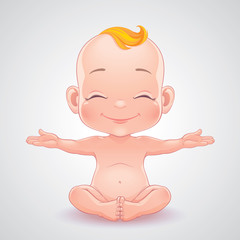 Vector illustration. Lovely smiling baby. He sits with hands wide apart, palms facing up