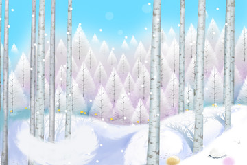 Creative Illustration and Innovative Art: Wonderful Snow Wood Forest with Deeper Blue Sky. Realistic Fantastic Cartoon Style Character Design, Story Background, Wallpaper, Card Design