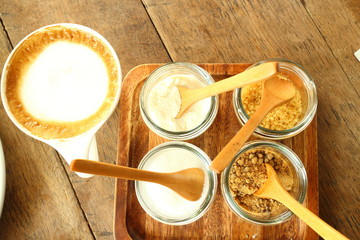 Coffee and white cake in cafe shop
