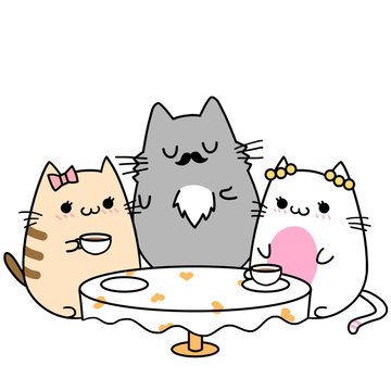 Creative Illustration and Innovative Art: Two Cats' Memories: Happy Family Tea Time. Realistic Fantastic Cartoon Style Character Wallpaper Story Card Design