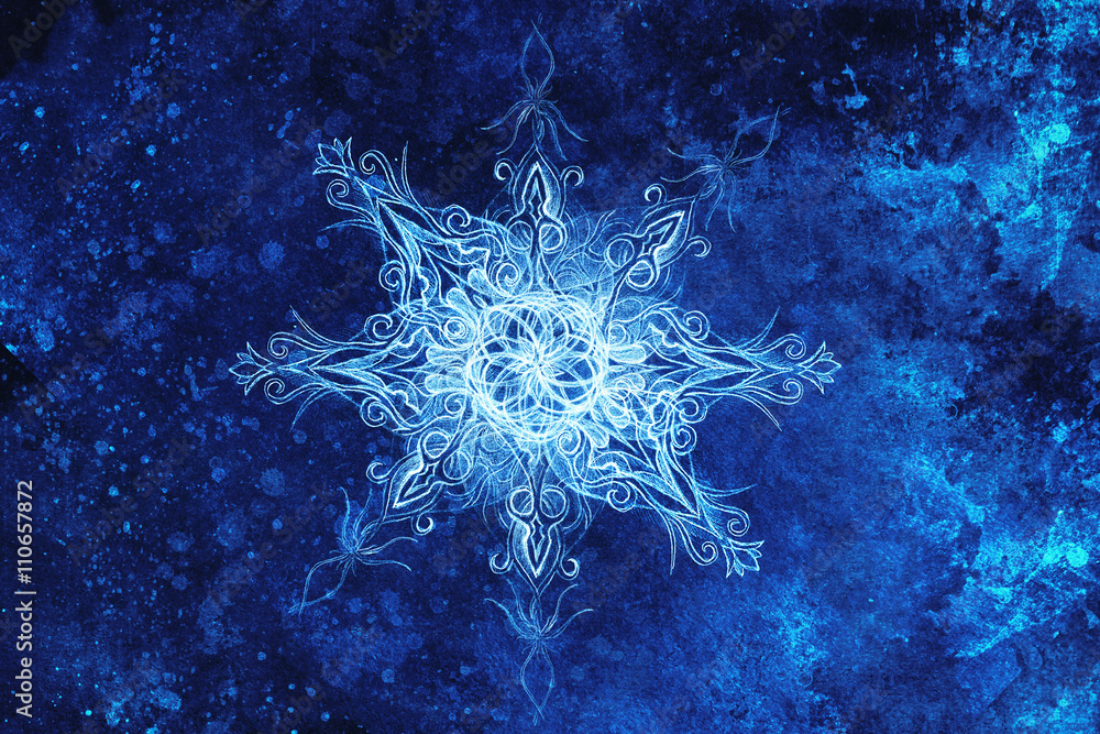 Poster ornamental mandala. original hand draw and computer collage. blue color structure. winter effect.