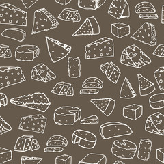Cheese pattern. Seamless background with hand drawn different cheese. Vector illustration