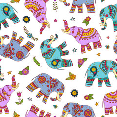 Doodle elephants seamless pattern