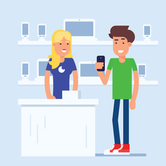 The mobile phone store with customer and sales manager discussing the latest phone model. Both standing near the modern cash desk. Vector flat illustration, perfect for gadget stores retail concept.