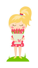 Girl with bouquet vector illustration.