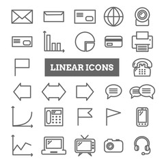 Collection of linear web icons: business, media, communication