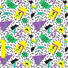 Seamless geometric vintage pattern in retro 80s style, memphis. Ideal for fabric design, paper print and website backdrop. EPS10 vector file.