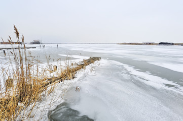 Schilf und Bootssteg am Neusiedlersee im Winter mit Eis und Schn