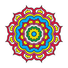 Doodle mandala. Vector ethnic floral mandala with hand drawn doodle ornament. Tribal amulet. Isolated. Yellow, blue, white, pink, red and green colors. Isolated.