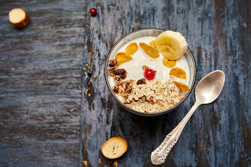  Healthy eating concept. Healthy diet breakfast with yogurt, cereals, fruit