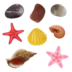 Sea Stones, Sea Shells, Starfish. Isolated Realistic Objects. Vector Set Icons.