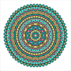 Vector hand drawn doodle mandala with hearts. Ethnic mandala with colorful ornament. Isolated. Pink, white, yellow, blue and green colors. - 110662630