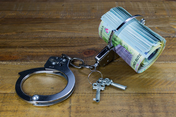 Money and handcuffs. Concept for corruption and bribery