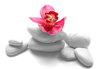 White spa stones and red orchid isolated on white