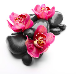 Fototapeta na wymiar Spa stones and red orchid isolated on white