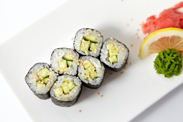 Sushi plates on the white background