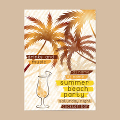 Summer Beach Party template with cocktail and palm trees. Summer