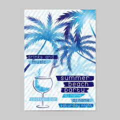 Summer Beach Party template with cocktail and palm trees. Summer