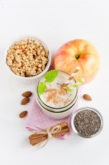 Milkshake chia seeds, oat flakes, top view