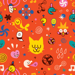 cartoon doodle characters seamless pattern