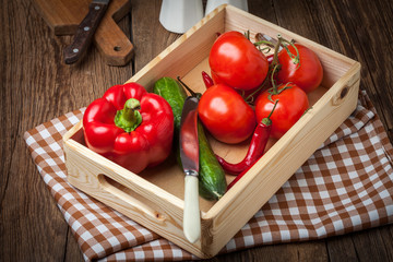 Vegetables in a wooden box.