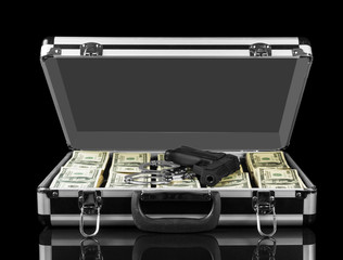 Opened case with dollars weapons and handcuffs isolated on  black background.
