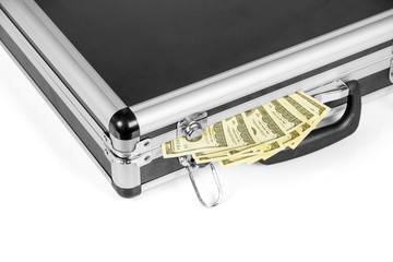 Full suitcase with hundred dollar bills isolated on white.