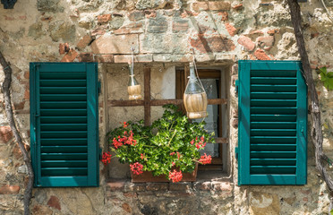 Fototapeta na wymiar toskanische Chiantiflaschen am Blumenfenster