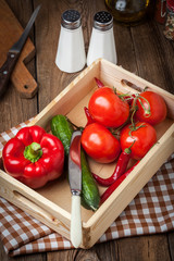 Vegetables in a wooden box.