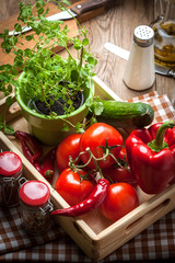 Vegetables in a wooden box.
