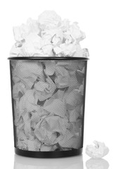 Overflowing metal trash bin from paper isolated on white.