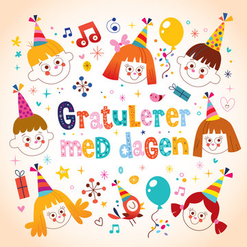 Gratulerer med dagen Happy Birthday in Norwegian kids greeting card