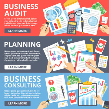 Business audit, planning, business consulting flat illustration set