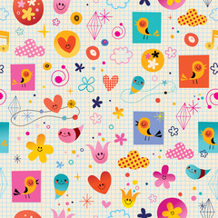 hearts birds flowers clouds seamless pattern with note book paper background