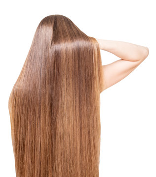 Well-groomed, shiny, long hair flowing back girl isolated.