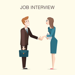 Job interview illustration with cartoon business man and woman characters.
