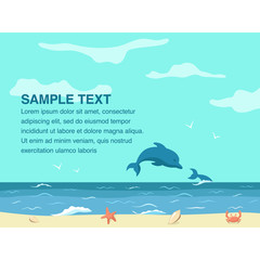 Amazing sea scene with jumping dolphin above the water and hand drawn calligraphic quote 