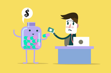 Business pay money with pill bottle (medical fee). flat vector