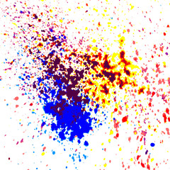 Colorful acrylic paint splatter shiny, blob on white background. Neon glowing spray stains abstract background, vector illustration.