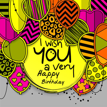 Happy birthday greeting card. Patterned balloons with stars, polka dots, hearts, leopard, chevrons, stripes. Colorful bunting flags and ropes. Card showing wishes or place for your text. Vector.