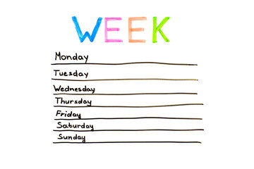 Seven days of the week writing in white board