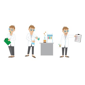 vector illustration. chemical experiments, the scientist ponders the problem, conduct experiments, receive the expected result.