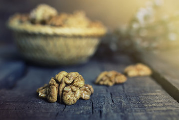 walnut on wooden background