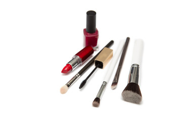 Obraz premium Brush and cosmetic isolated on a white background. Top view.