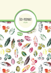 Template with of grunge multicolored leaves prints. Vertical design with a space for your text (for banner, presentation, cover or other). Nature and eco style.